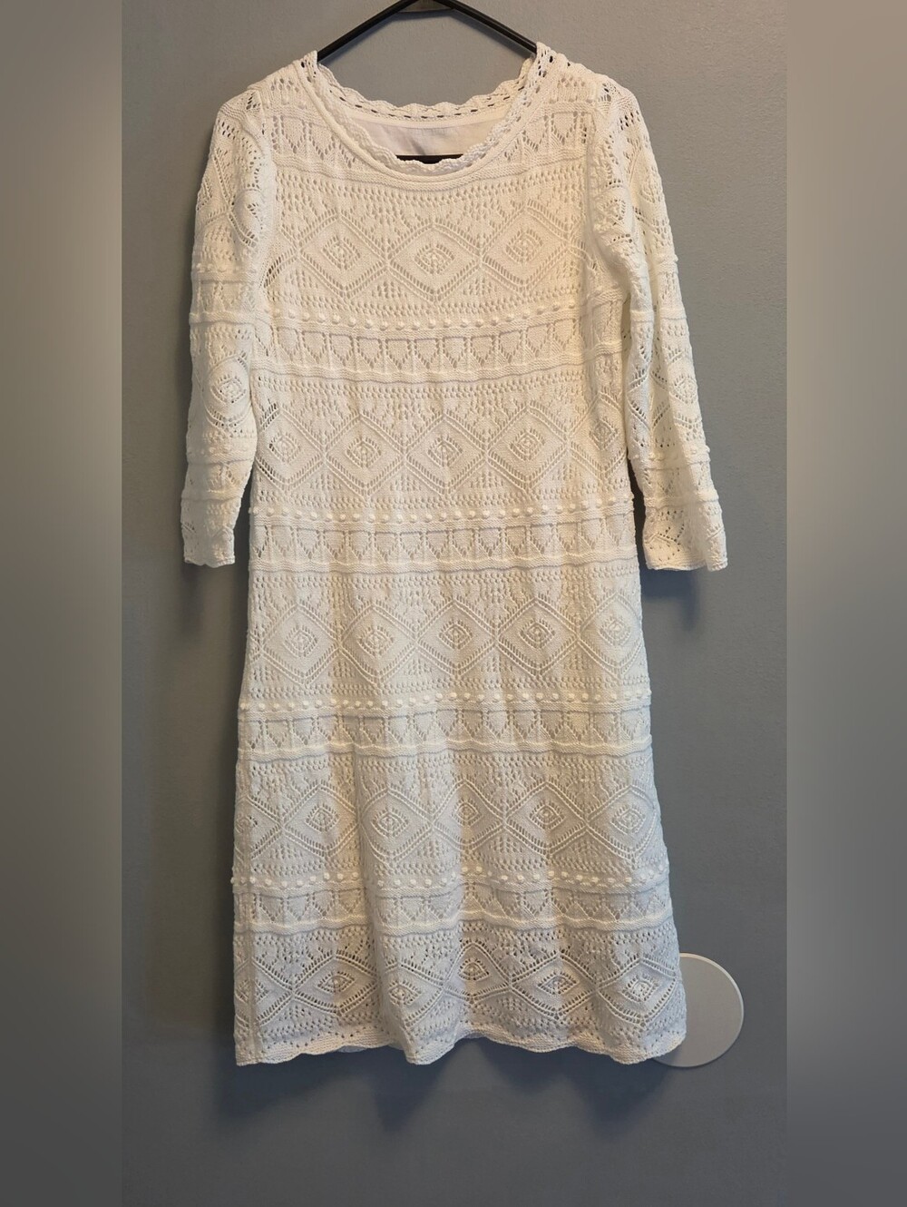 Talbots Petite Sweater Dress Medium White Crochet Midi Coastal Chic Boho Cottage - Picture 2 of 5